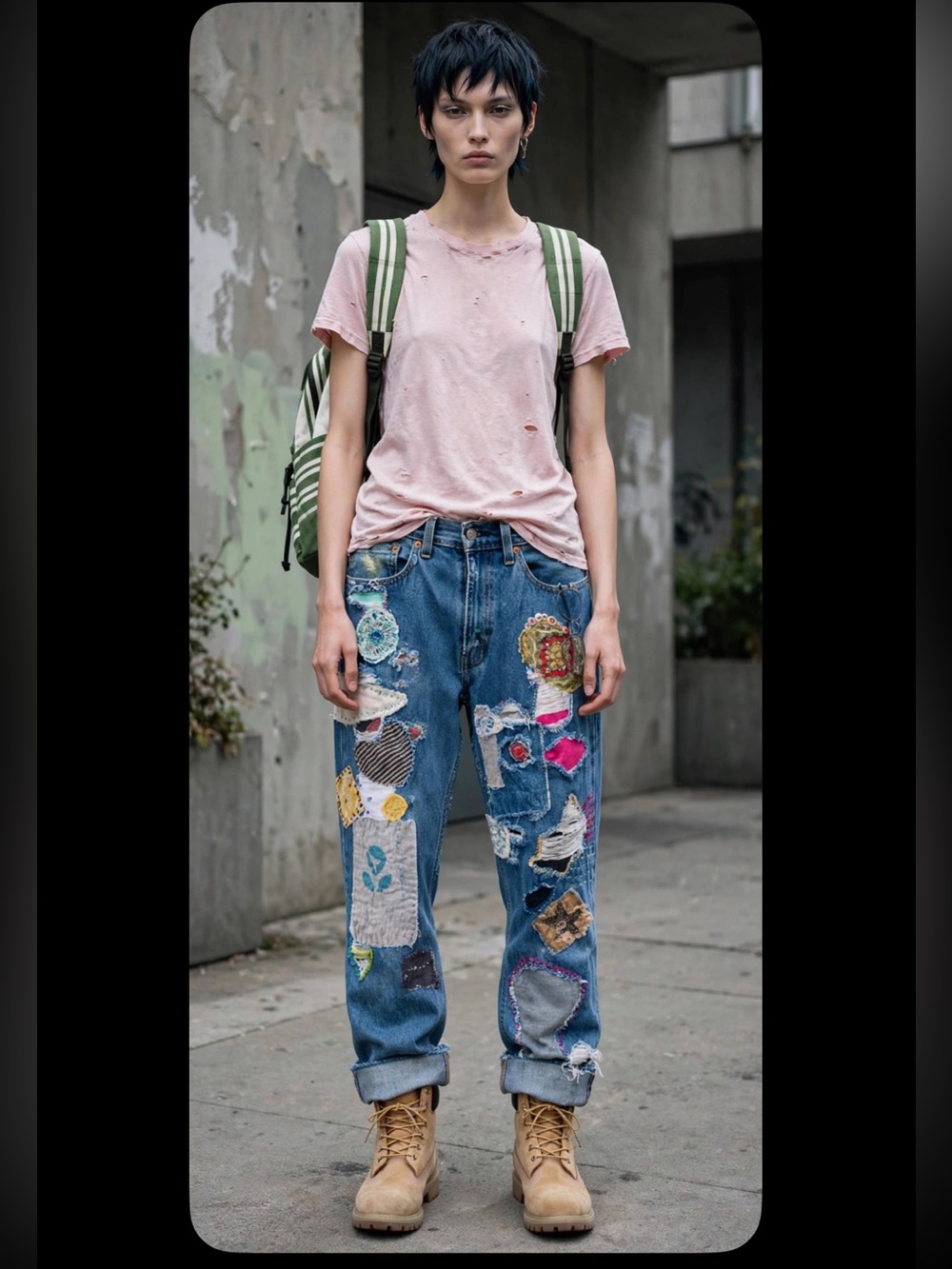 Levi's Light Pink Tee with Patchwork Blue Boyfriend Jeans